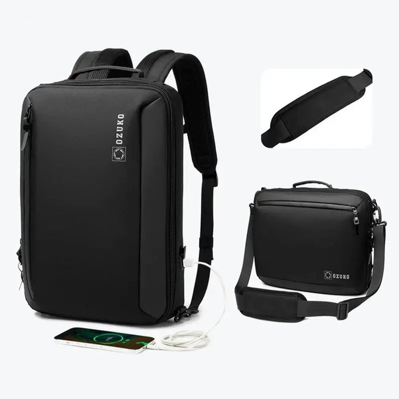 Sac à dos design homme noir étanche pour ordinateur avec bandoulière détachable et sac messager assorti