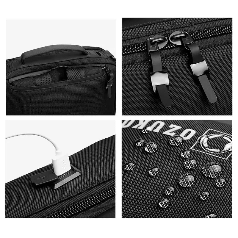 Sac à dos design homme noir avec poignée, poches zippées, port USB et tissu résistant à l’eau