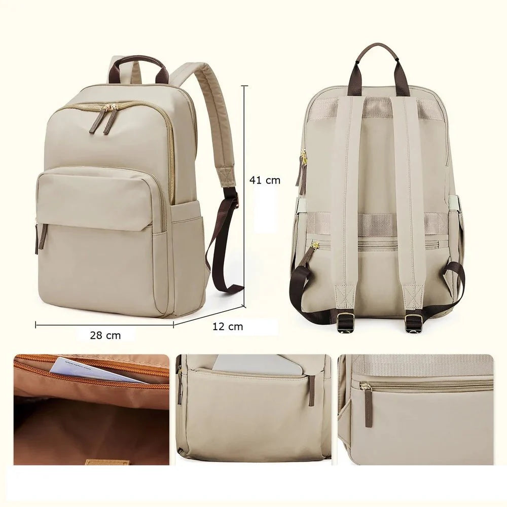 Sac à dos d’université femme beige avec compartiments, accents marron, vues intérieures et mesures