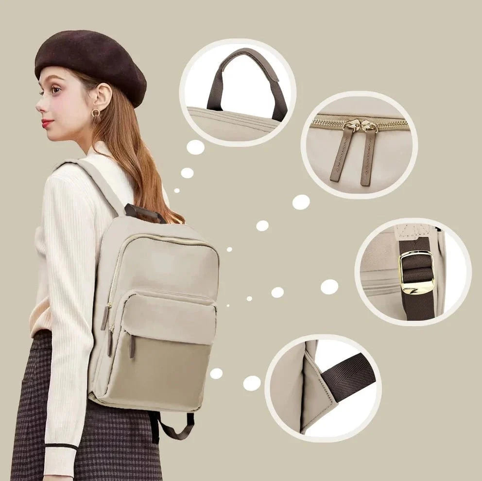 Sac à dos d université femme beige deux tons avec plusieurs compartiments et bretelles ajustables