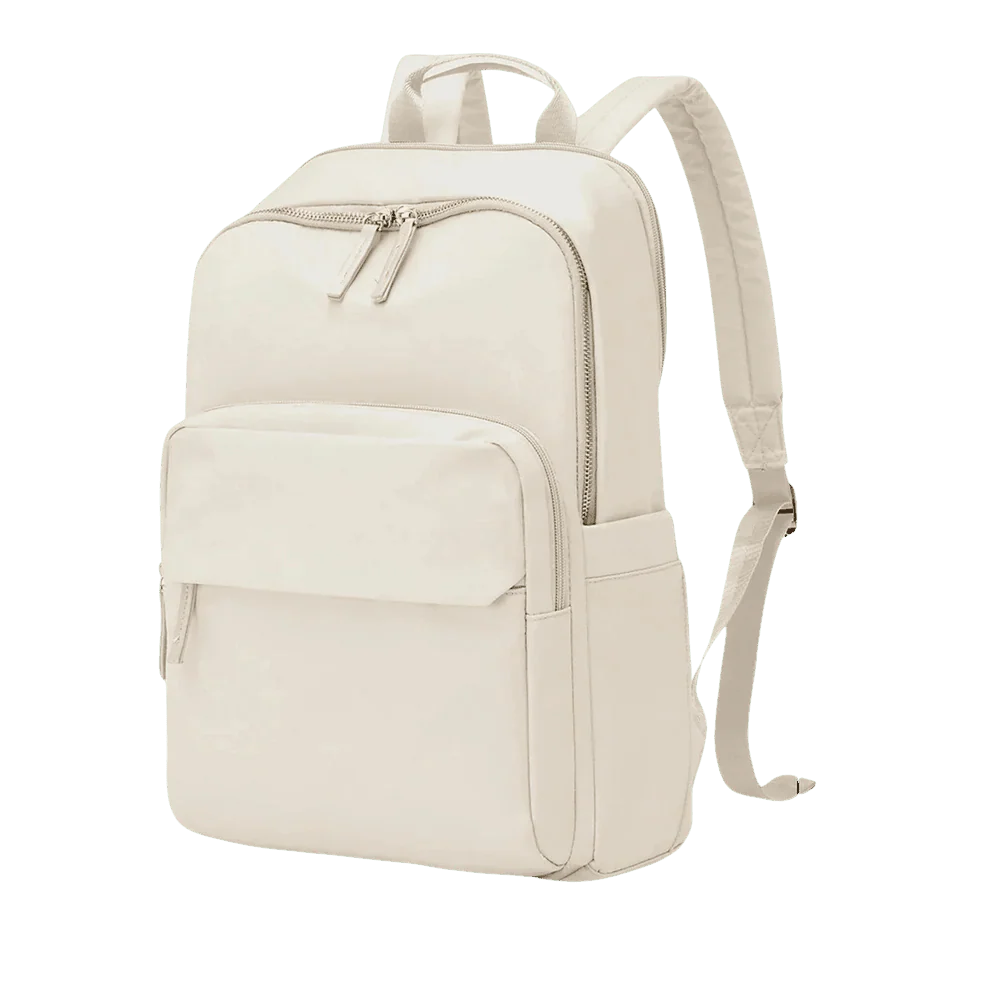 Sac à dos d’université femme crème avec compartiments zippés et bretelles ajustables
