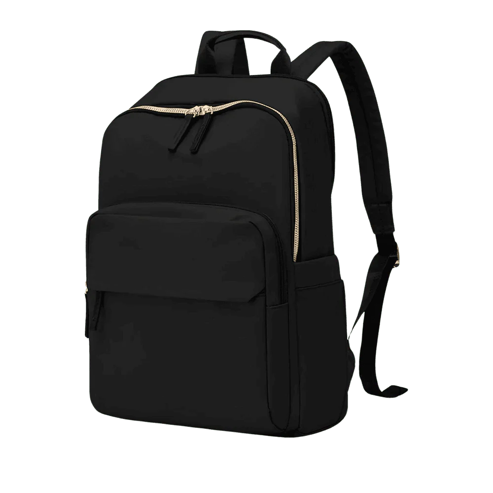 Sac à dos d’université femme en tissu noir avec fermetures éclair or pâle