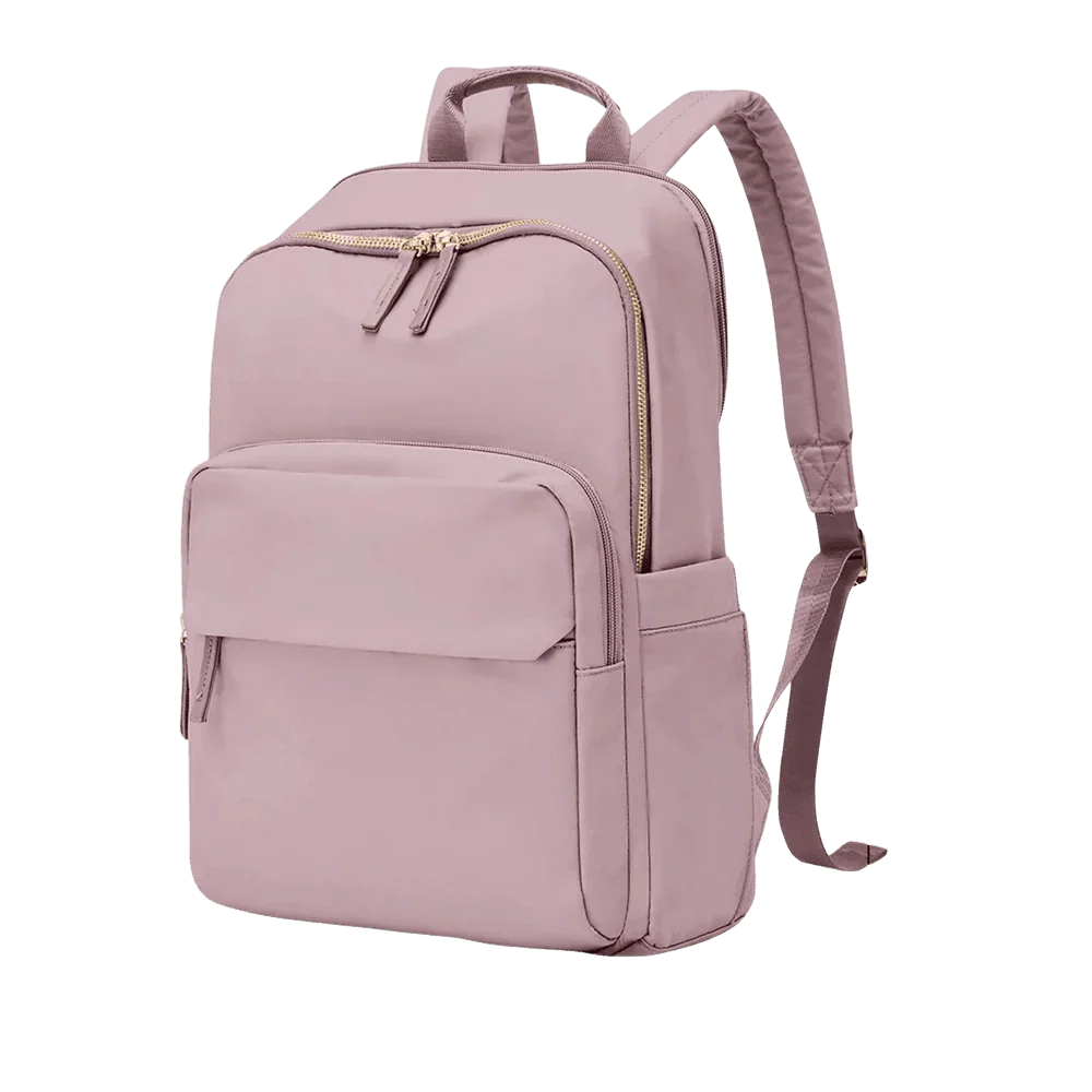 Sac à dos d’université femme rose clair en nylon avec zips dorés et bretelles rembourrées