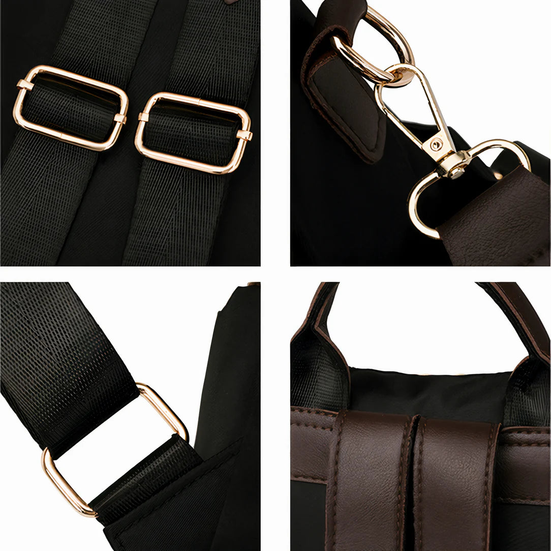 Sac à dos effet matelassée Céleste en toile noire avec hardware doré et accents en cuir marron
