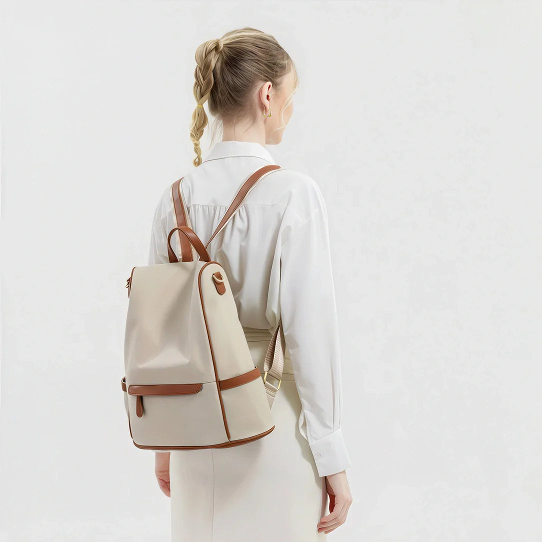 Sac à dos Elenya Vison en toile beige avec accents cuir marron