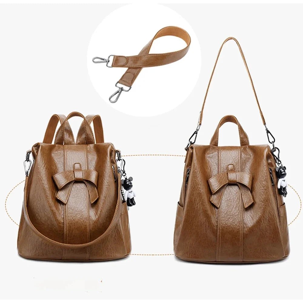 Deux sacs à dos en cuir faux marron avec détail nœud papillon, élégant et convertible