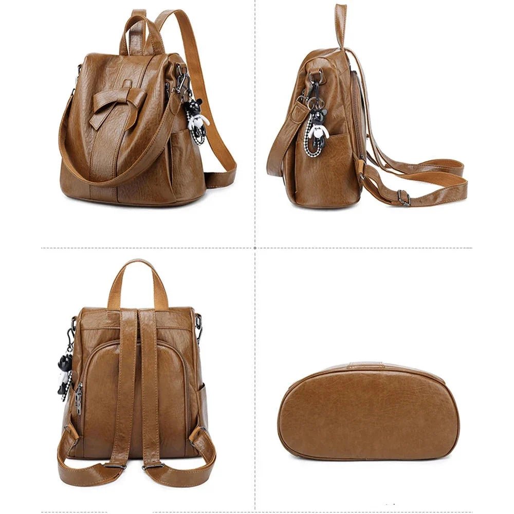 Sac à dos en cuir faux marron avec nœud papillon, charm décoratif et convertible