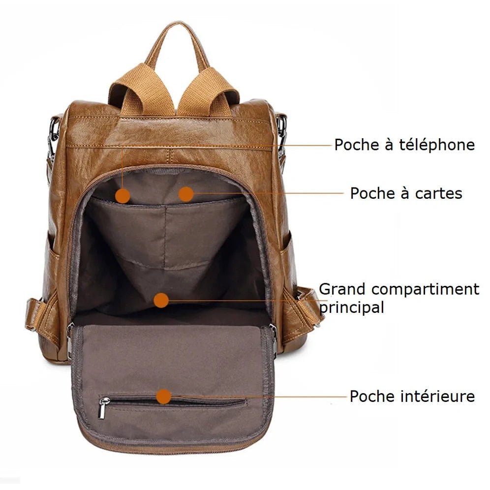 Sac à dos en cuir marron avec plusieurs compartiments et poches pour un style élégant