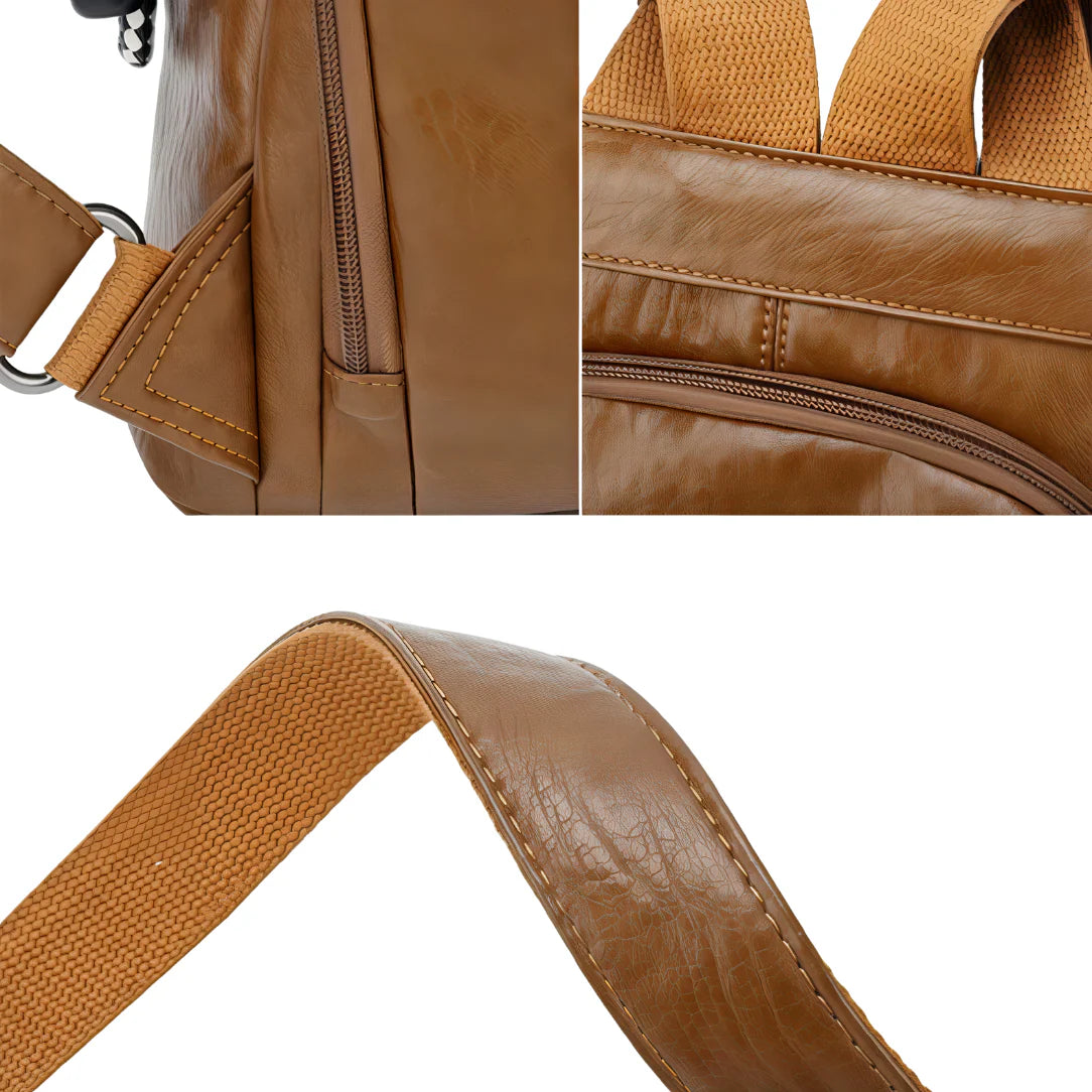 Sac à dos en cuir tan avec sangle tissée et détails zipper