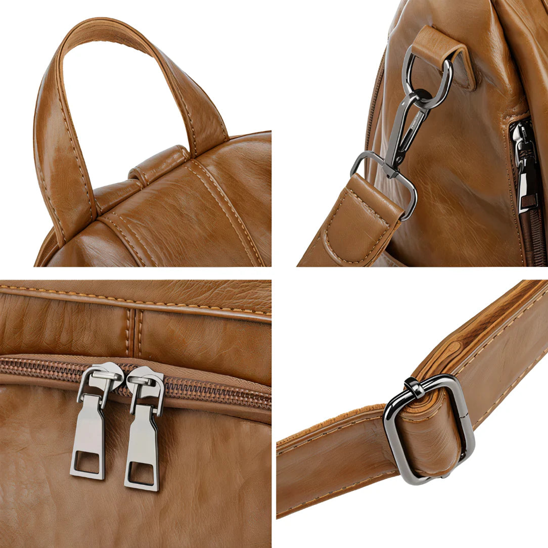 Sac à dos en cuir tan avec nœuds papillon, fermetures et quincaillerie argentées