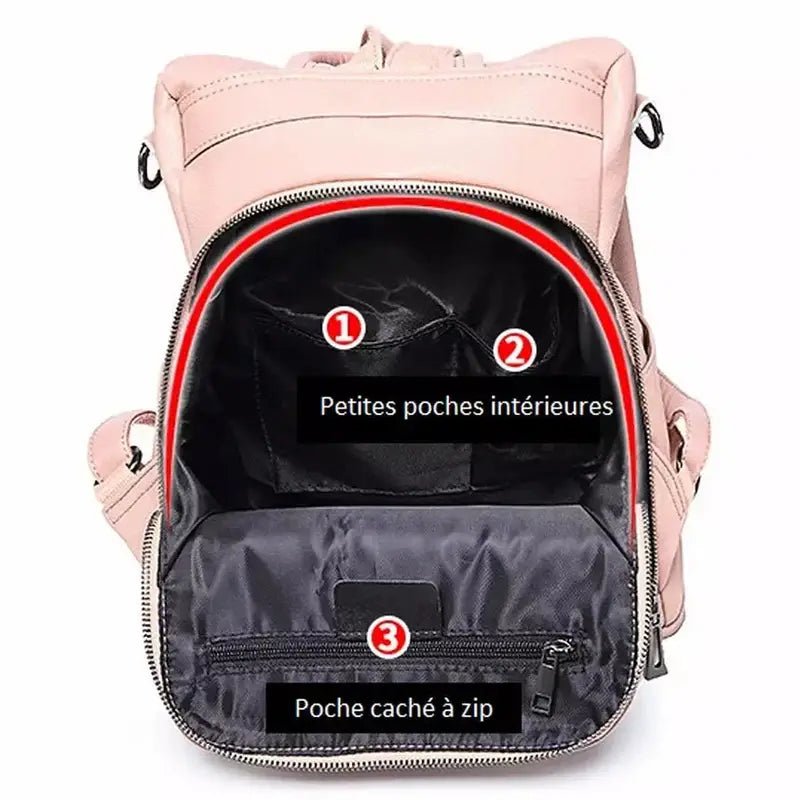 Sac à dos en cuir pour femme original ouvert pink avec poches internes élégantes