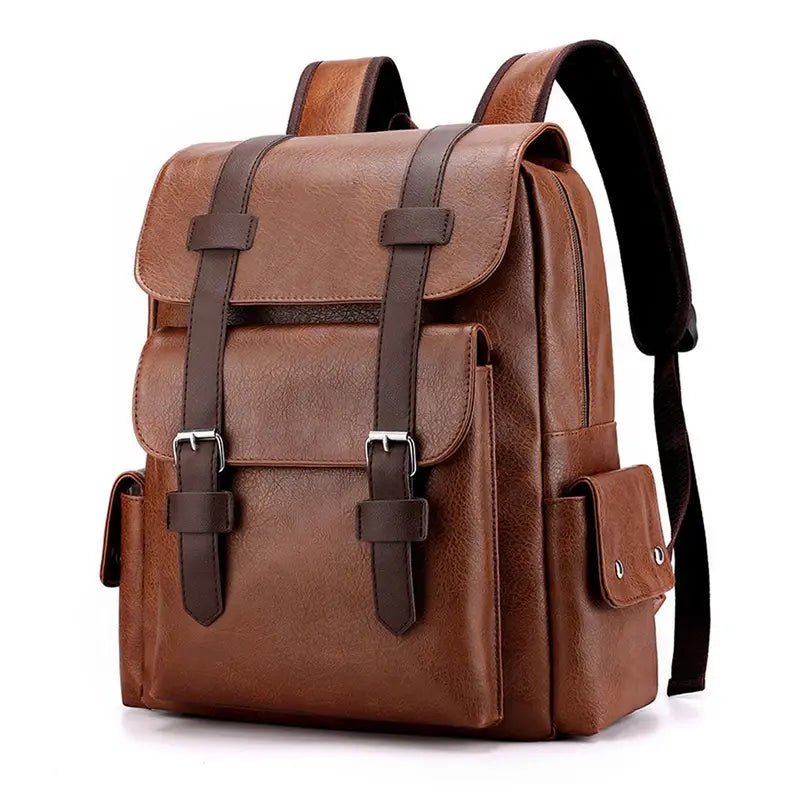 Sac à dos en cuir marron pour ordinateur avec plusieurs poches et bretelles à boucles