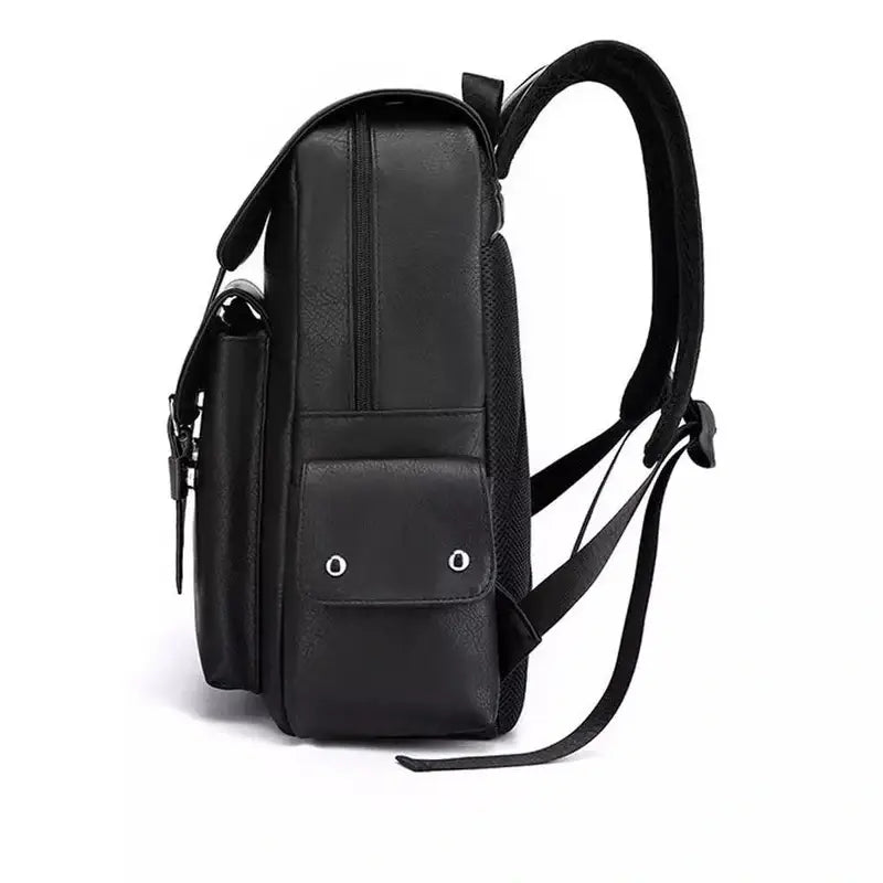 Sac à dos en cuir noir pour ordinateur avec poches latérales et bretelles ajustables