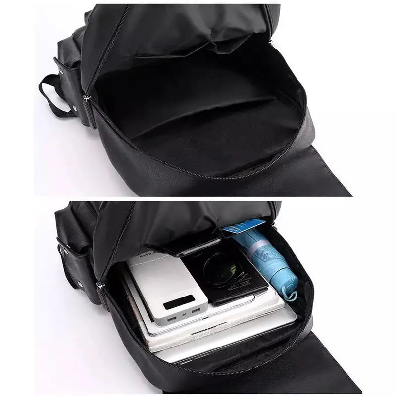 Sac à dos en cuir synthétique noir avec compartiments, poche pour ordinateur et côtés