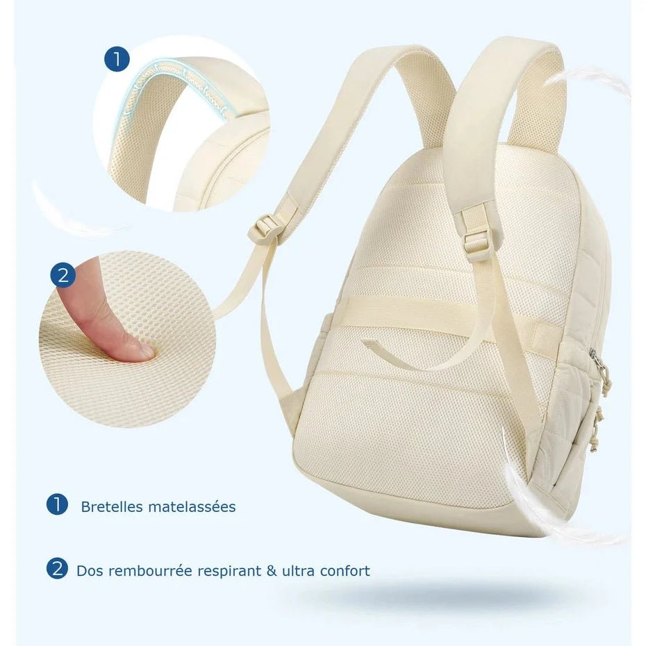 Sac à dos en tissu multi-compartiments crème avec bretelles rembourrées et dos respirant