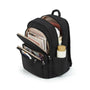 Sac à dos en tissu multi-compartiments noir avec compartiments ouverts et articles à l’intérieur