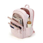 Sac à dos en tissu rose clair avec plusieurs compartiments et porte-bouteille