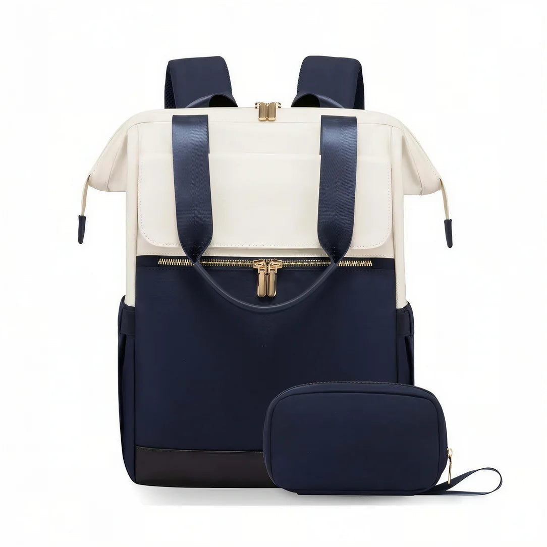 Sac à dos Epine en crème et bleu marine avec hardware doré et matière résistante à l’eau