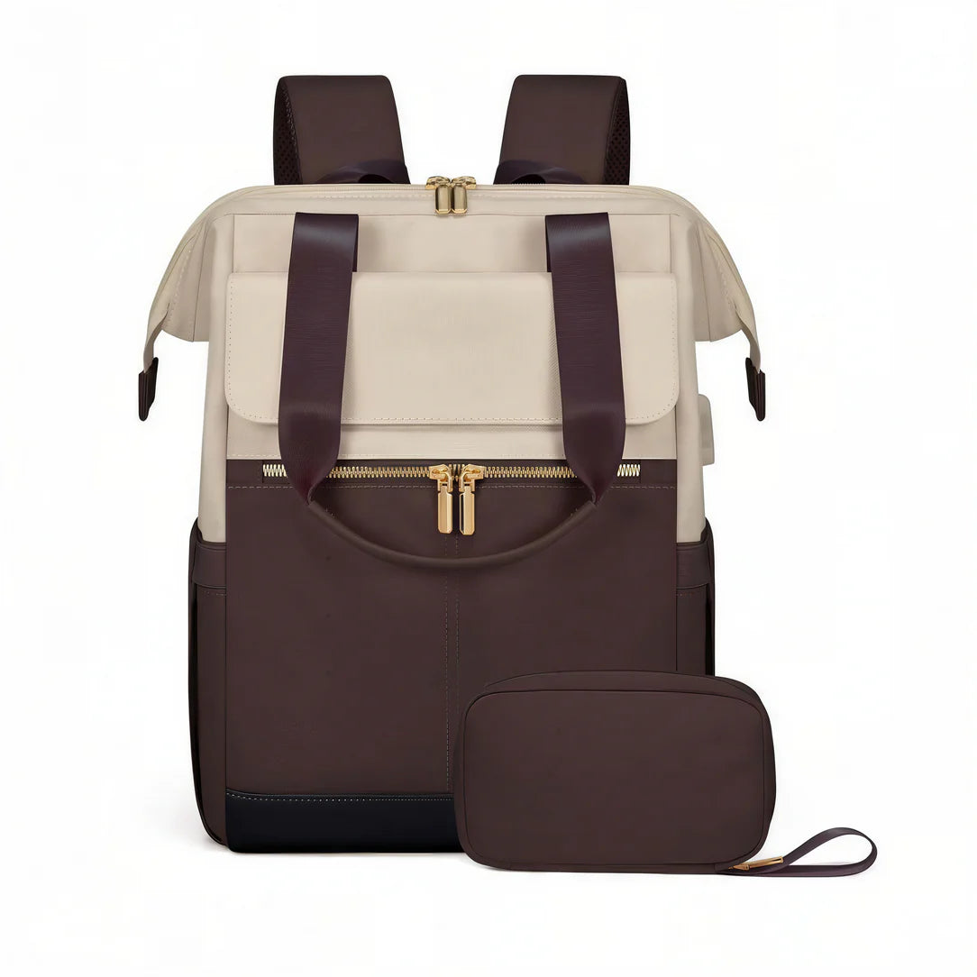 Sac à dos Epine beige et marron avec hardware doré et accents en cuir
