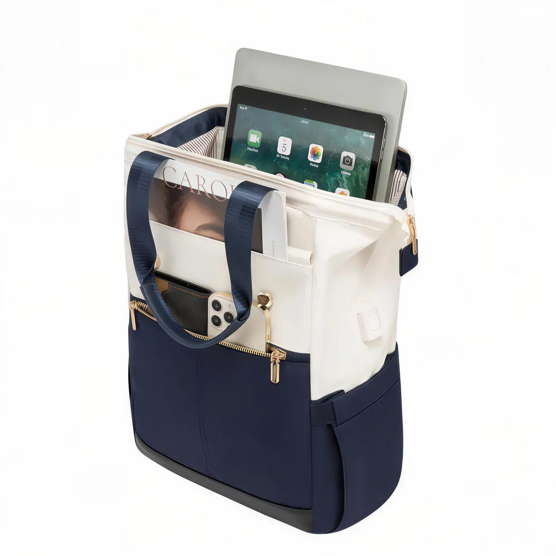 Sac à dos Epine en bleu marine et blanc avec accents dorés et grand espace intérieur