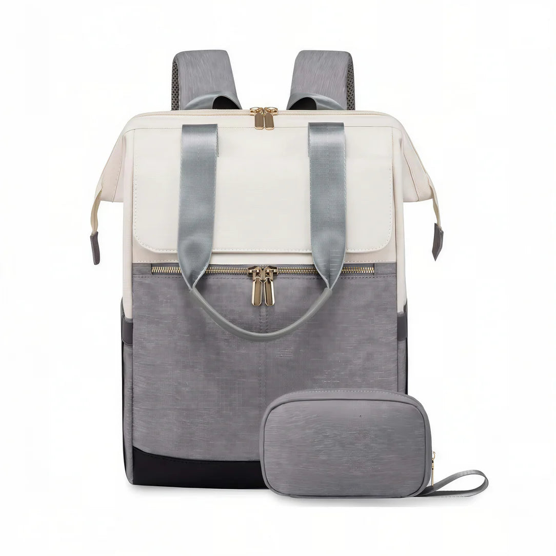 Sac à dos Epine gris et blanc avec accents noirs, fermeture éclair et bretelles réglables