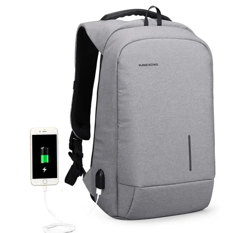 Sac à dos ergonomique gris avec port de chargement USB externe pour appareils électroniques