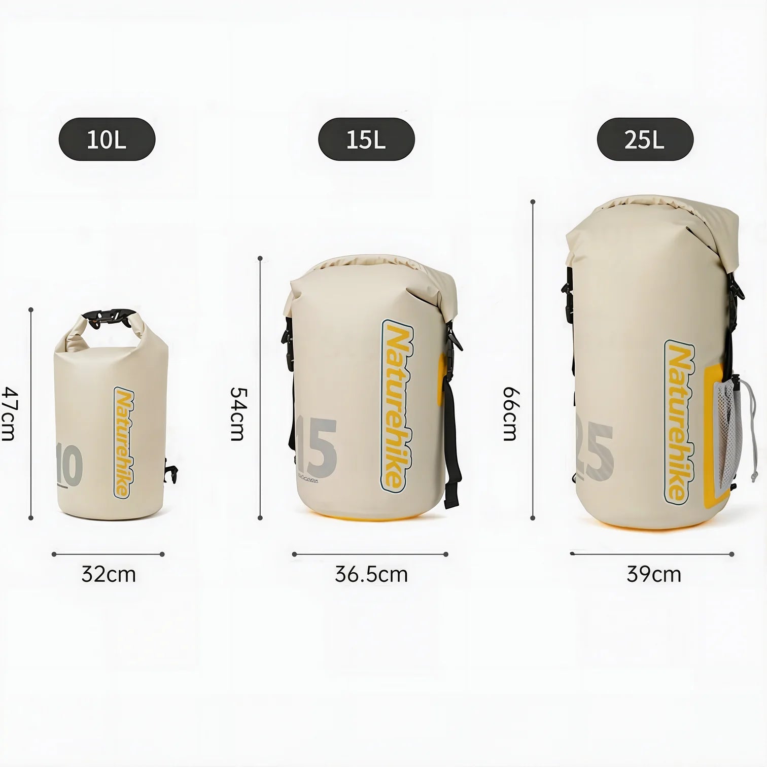 Sac à dos étanche 10-25L IPX6 beige avec sangles noires et poche maillée