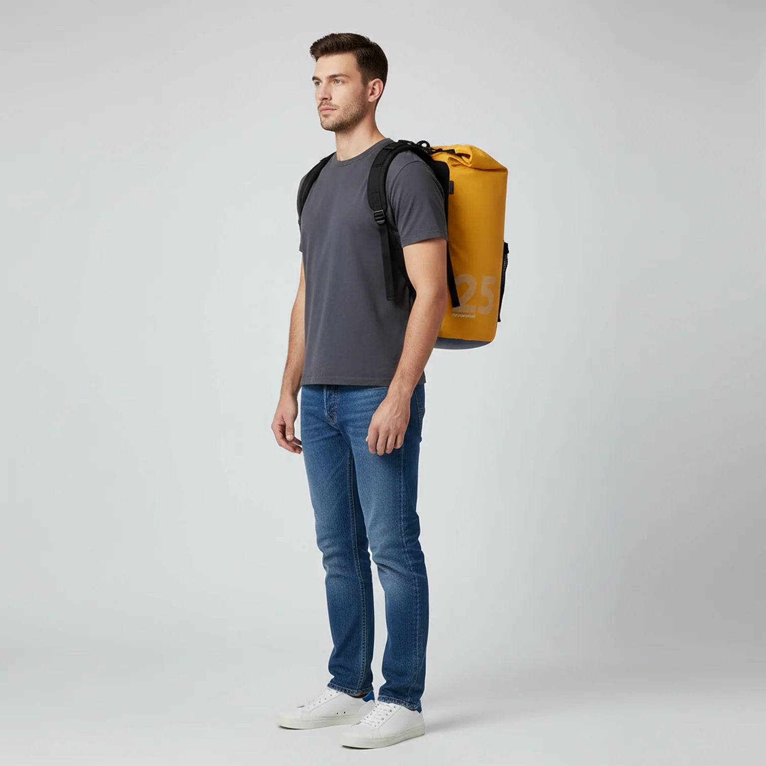 Sac à dos étanche 10-25L IPX6 jaune avec sangles noires et roll-top
