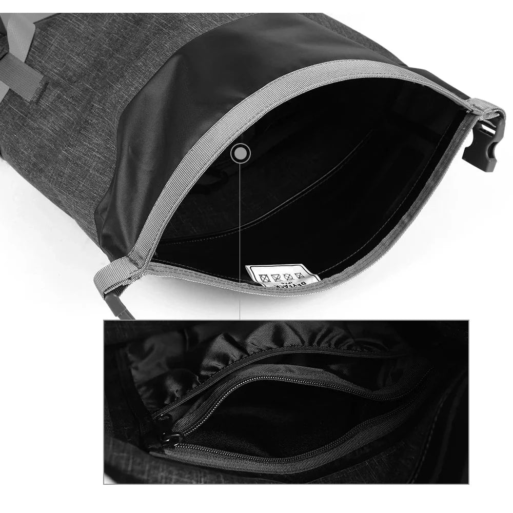 Sac à dos étanche 20 L gris et noir avec poche intérieure à fermeture éclair ouverte