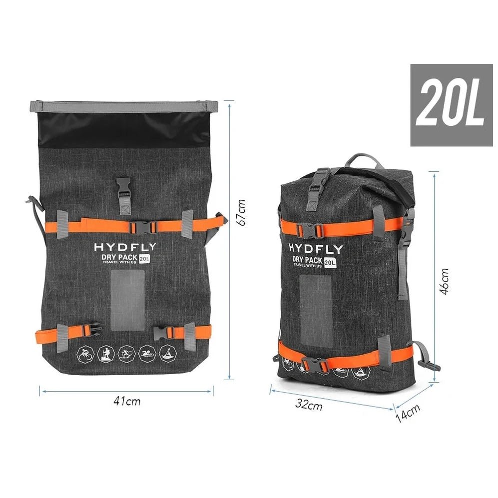 Sac à dos étanche 20 L gris foncé avec straps orange, déployé et roulé