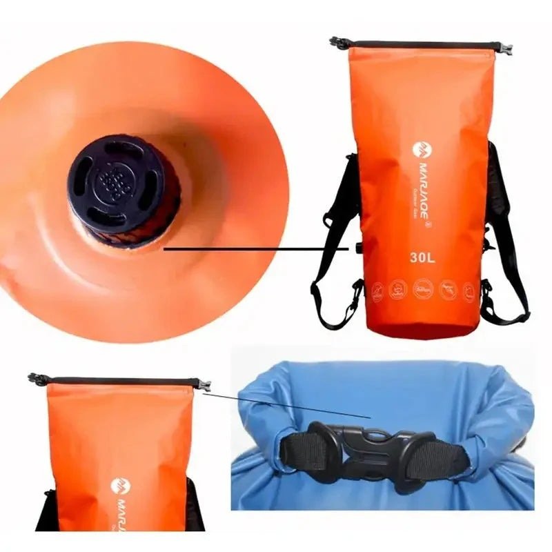Sac à dos étanche 30l orange avec bretelles, fermeture à rouleau et valve d inflation
