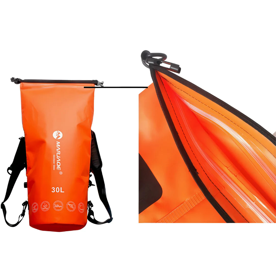 Sac à dos étanche 30L IPX7 flottant orange vif avec sangles noires