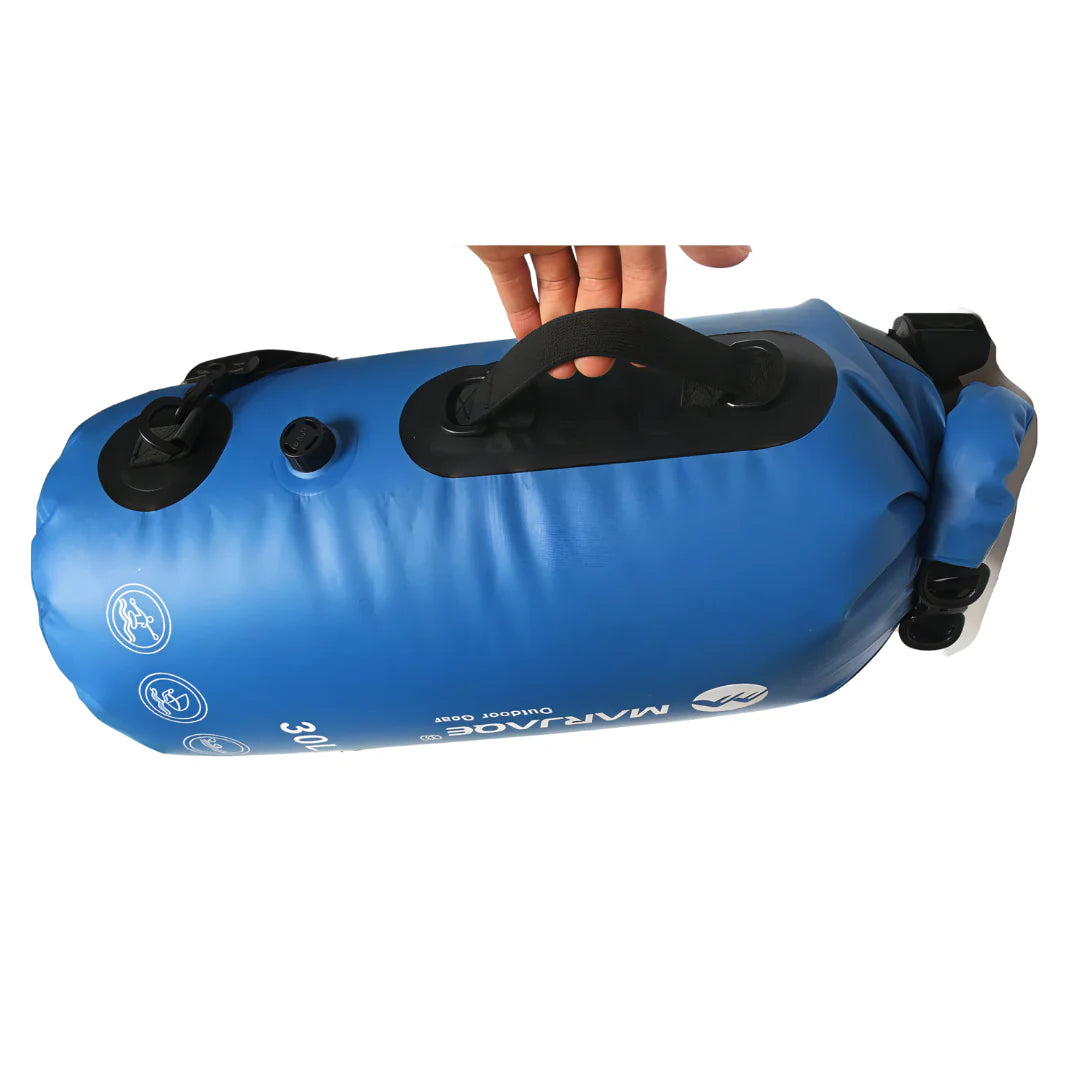 Sac à dos étanche 30L IPX7 flottant bleu avec poignées noires