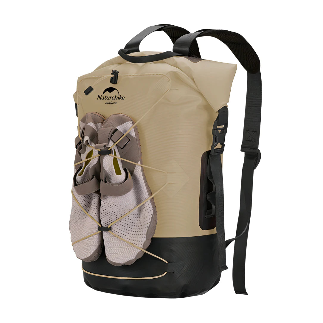Sac à dos étanche 40L beige et noir avec porte-chaussures