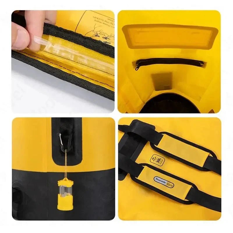 Sac à dos étanche 40l jaune et noir avec fonctionnalités variées et matériau imperméable