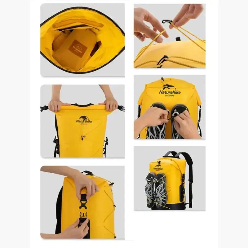 Sac à dos étanche 40l jaune avec lanières extérieures pour équipement