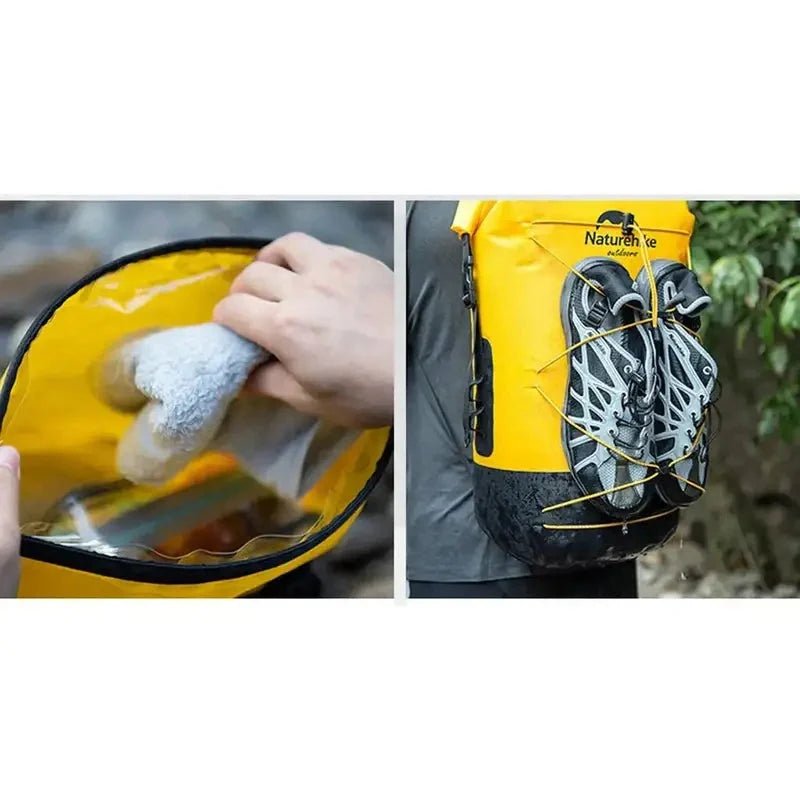 Sac à dos étanche 40l jaune avec sac étanche et laçage externe pour chaussures