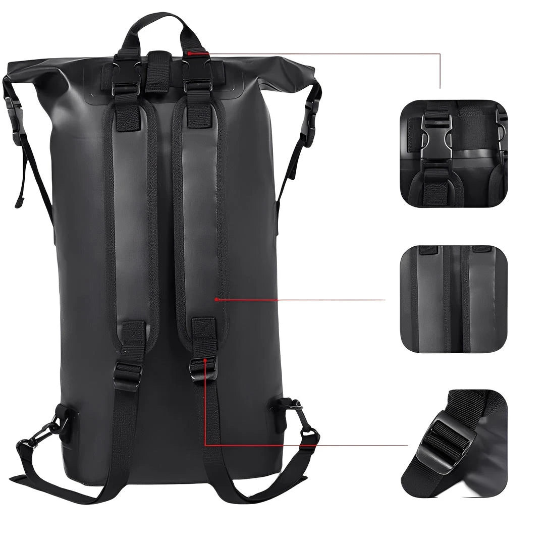 Sac à dos étanche de rafting noir avec bretelles ajustables et boucles