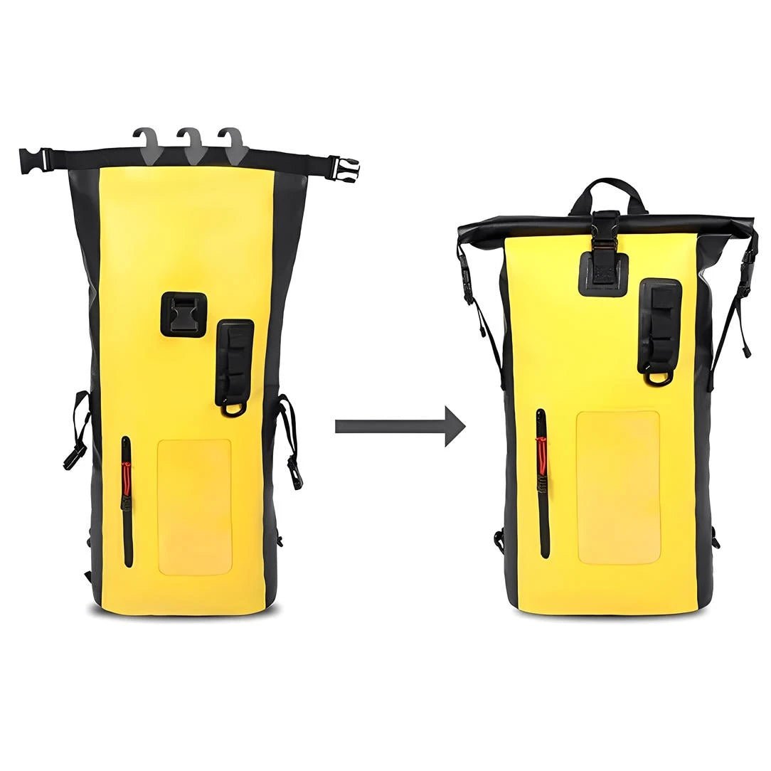 Deux vues du sac à dos étanche de rafting jaune et noir avec fermeture à rouleau