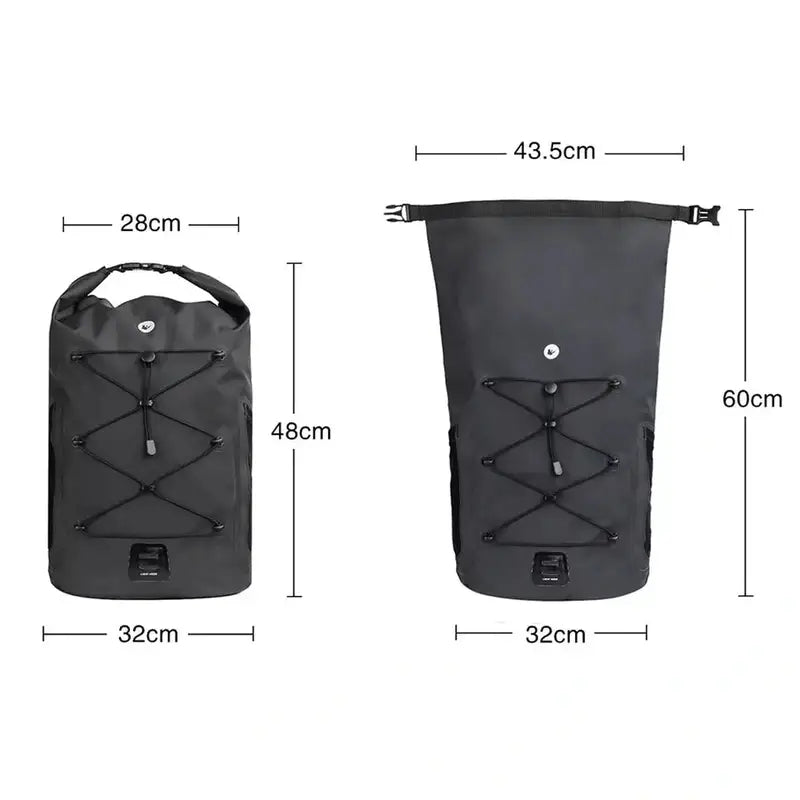 Sac à dos étanche femme avec deux sacs à rouleau noirs en état ouvert et fermé