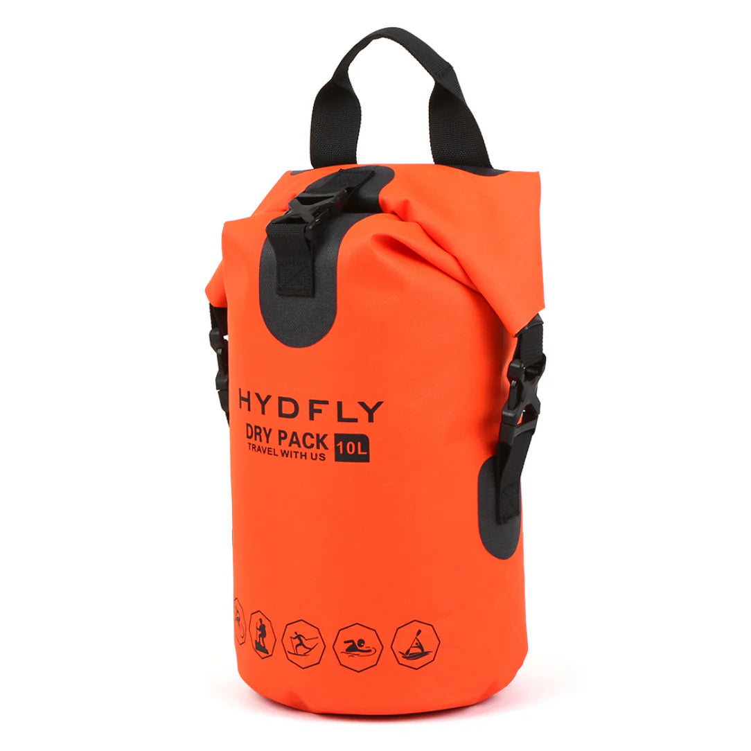 Sac à dos étanche Hydfly 10L orange vif avec fermeture roll-top noire et sangles renforcées