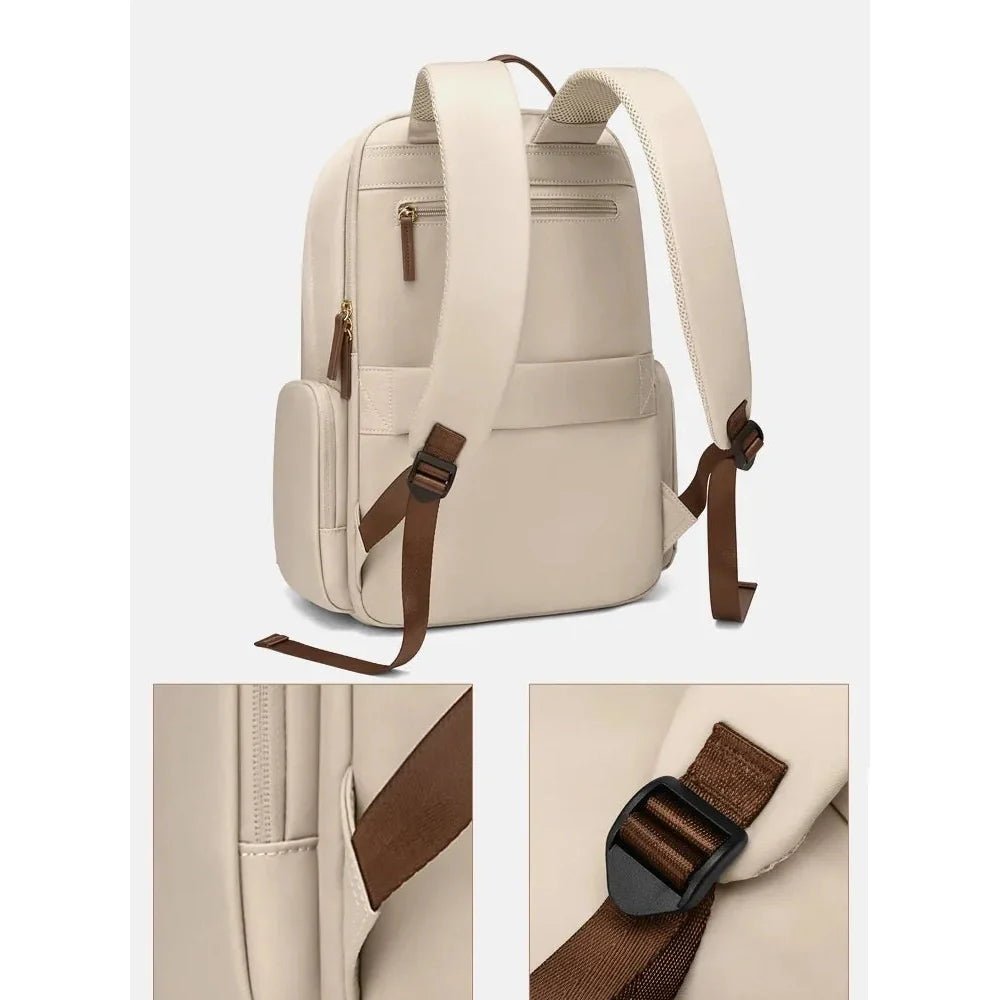 Sac à dos étudiant femme beige clair avec bretelles marron et fermetures éclair dorées