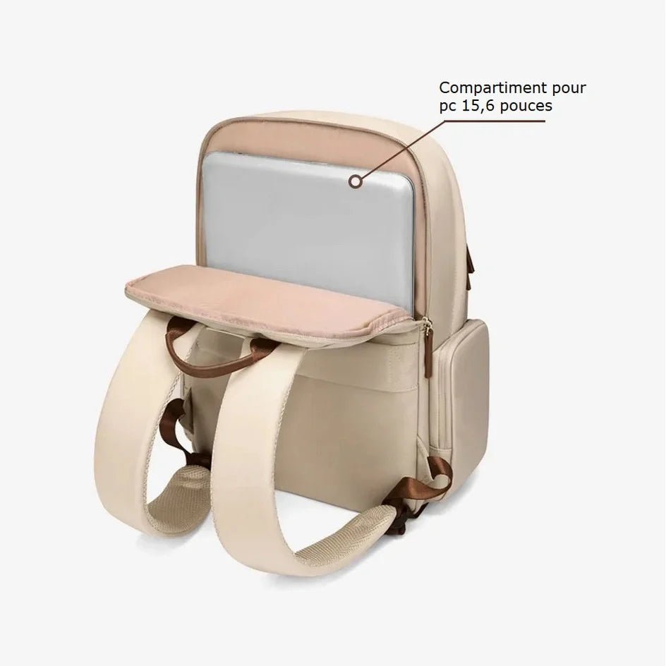 Sac à dos étudiant femme beige avec compartiment pour ordinateur portable 15,6 pouces