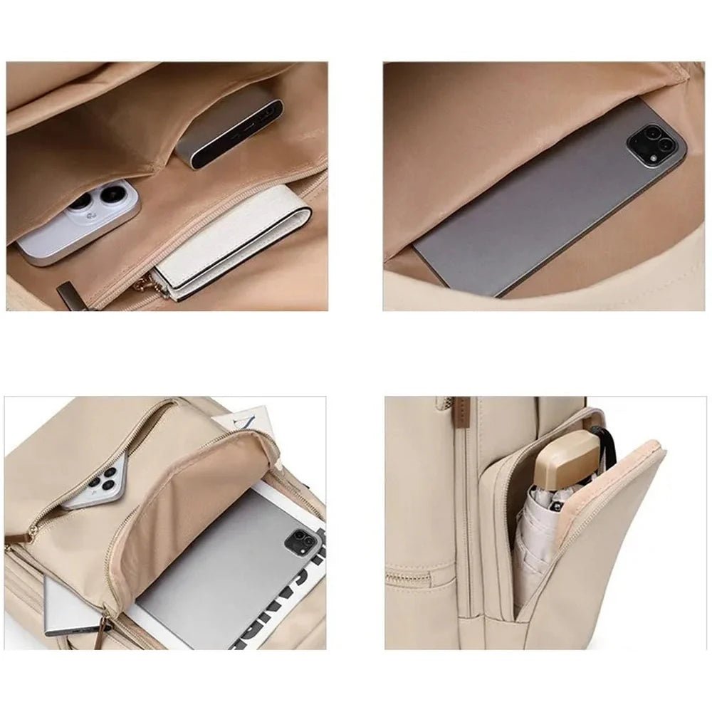 Sac à dos étudiant femme beige clair avec multiples poches pour organiser électronique