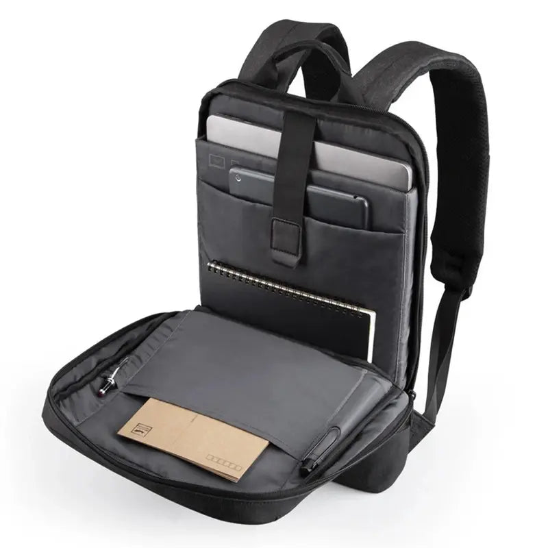 Sac à dos extra plat pour ordinateur noir avec plusieurs compartiments pour appareils et accessoires