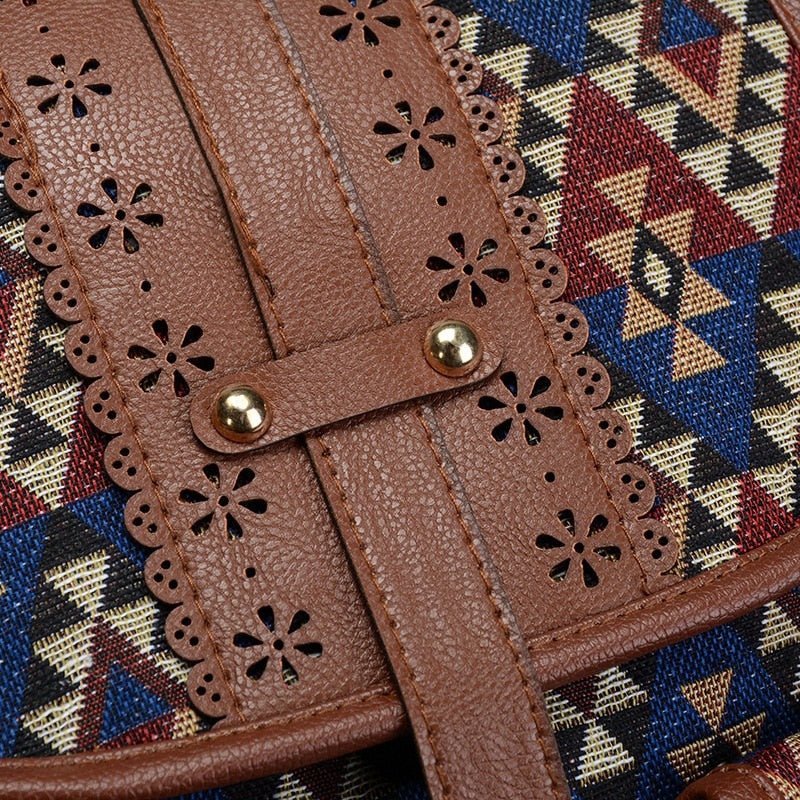Sac à dos femme en toile imprimée avec sac en cuir marron à motifs floraux et géométriques