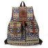 Sac à dos femme en toile imprimée avec motif géométrique, accents en faux cuir brun