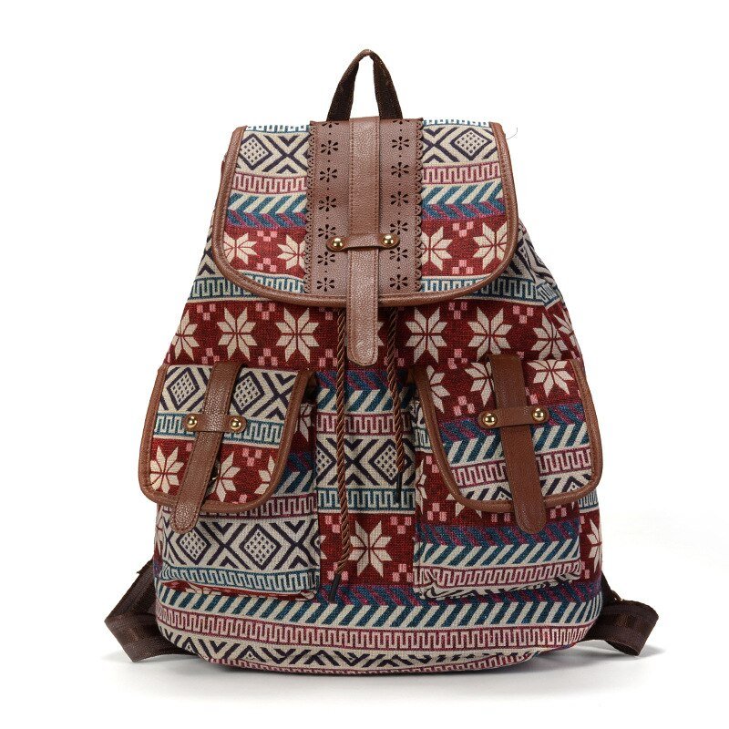 Sac à dos femme en toile imprimée rouge et blanche avec accents en faux cuir brun