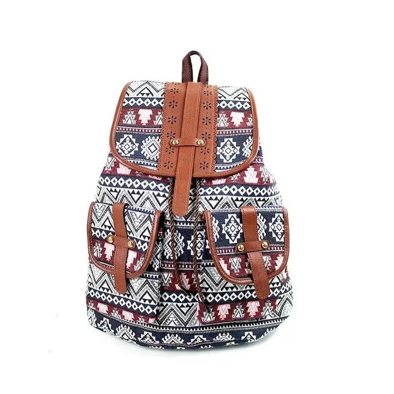 Sac à dos femme en toile imprimée avec bretelles en faux cuir marron et accents