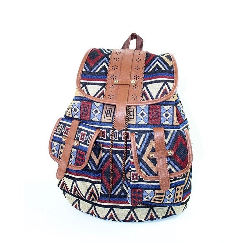 Sac à dos femme en toile imprimée avec motifs bohèmes et accents en faux cuir marron
